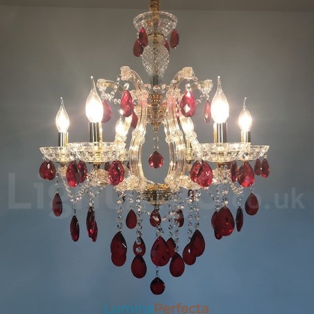 Candelabru de aur cu 6 lumini cu cristal roșu Candelabru de aur cu 6 lumini cu cristal roșu