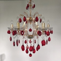 Candelabru de aur cu 6 lumini cu cristal roșu