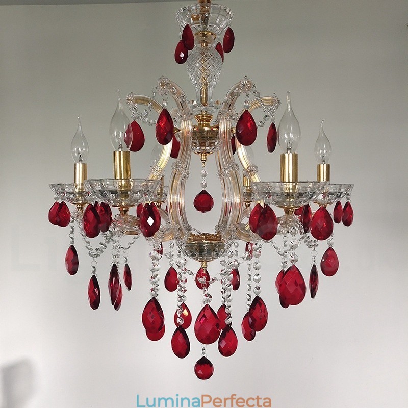 Candelabru de aur cu 6 lumini cu cristal roșu