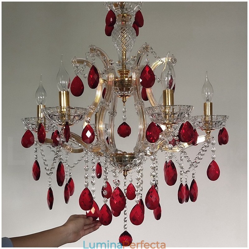 Candelabru de aur cu 6 lumini cu cristal roșu