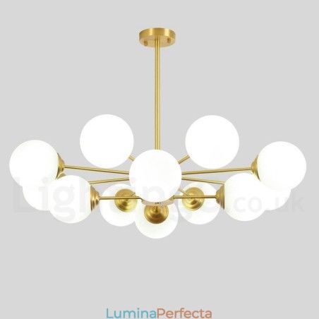 Candelabru cu 12 lumini (8 + 4 lumini) pe două niveluri, alamă pură din nordul Europei, candelabru modern cu molecule de metal.
