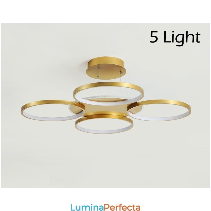 Candelabru de tavan circular, auriu, modern și contemporan, în stil nordic, cu telecomandă, poate fi folosit și ca lumină de perete