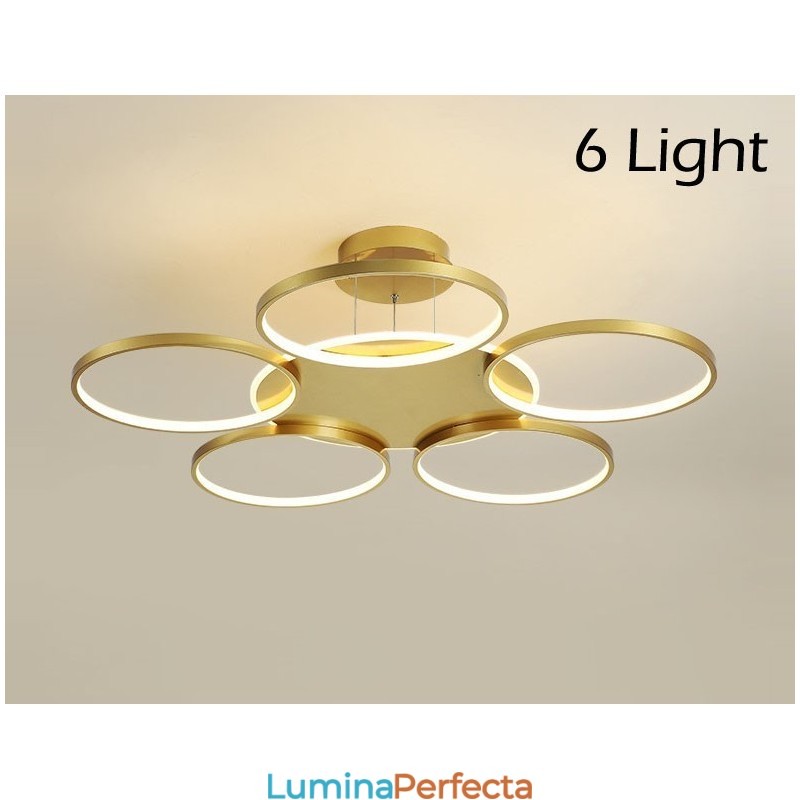 Candelabru de tavan circular, auriu, modern și contemporan, în stil nordic, cu telecomandă, poate fi folosit și ca lumină de perete