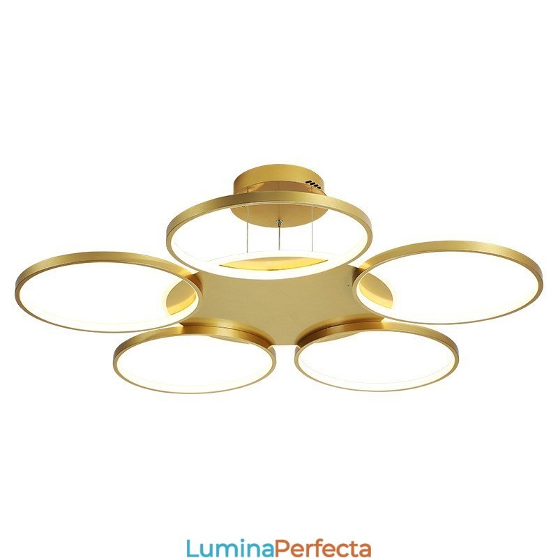 Candelabru de tavan circular, auriu, modern și contemporan, în stil nordic, cu telecomandă, poate fi folosit și ca lumină de perete