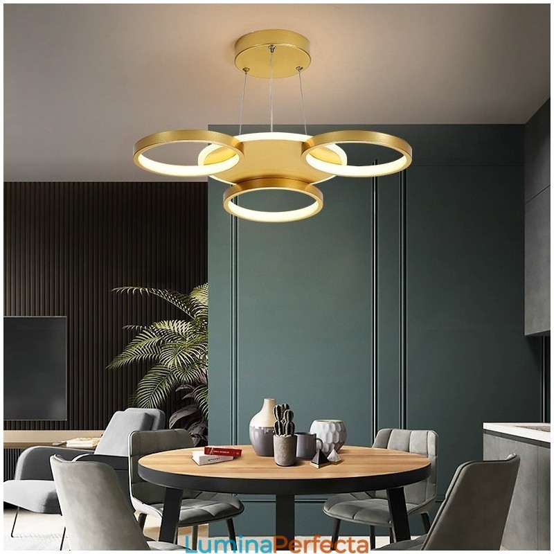 Candelabru de tavan circular, auriu, modern și contemporan, în stil nordic, cu telecomandă, poate fi folosit și ca lumină de perete