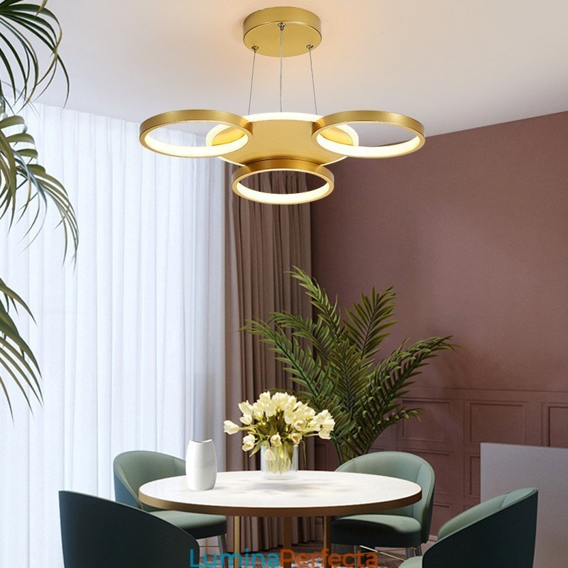 Candelabru de tavan circular, auriu, modern și contemporan, în stil nordic, cu telecomandă, poate fi folosit și ca lumină de perete