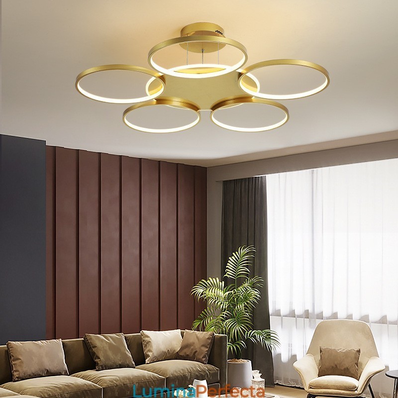 Candelabru de tavan circular, auriu, modern și contemporan, în stil nordic, cu telecomandă, poate fi folosit și ca lumină de perete