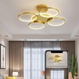 Candelabru de tavan circular, auriu, modern și contemporan, în stil nordic, cu telecomandă, poate fi folosit și ca lumină de perete