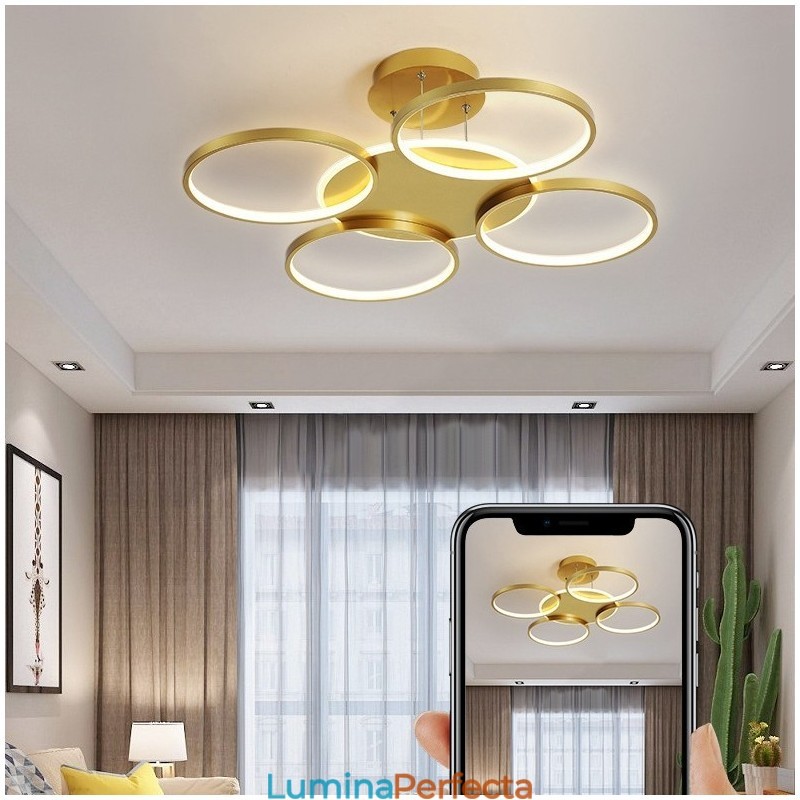 Candelabru de tavan circular, auriu, modern și contemporan, în stil nordic, cu telecomandă, poate fi folosit și ca lumină de perete