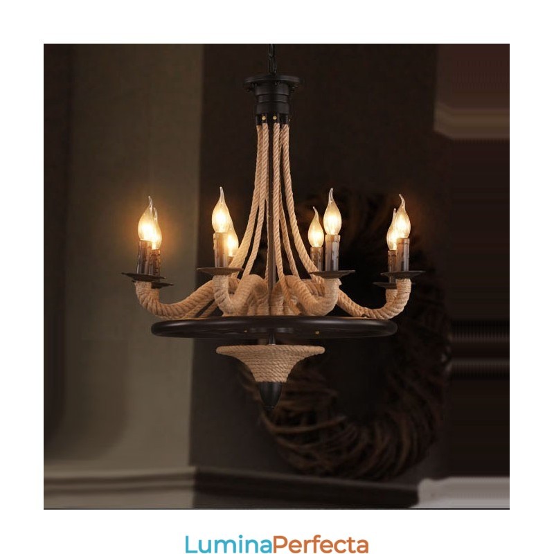 Lumânare cu 8 lumini în stil industrial, frânghie de cânepă, candelabru