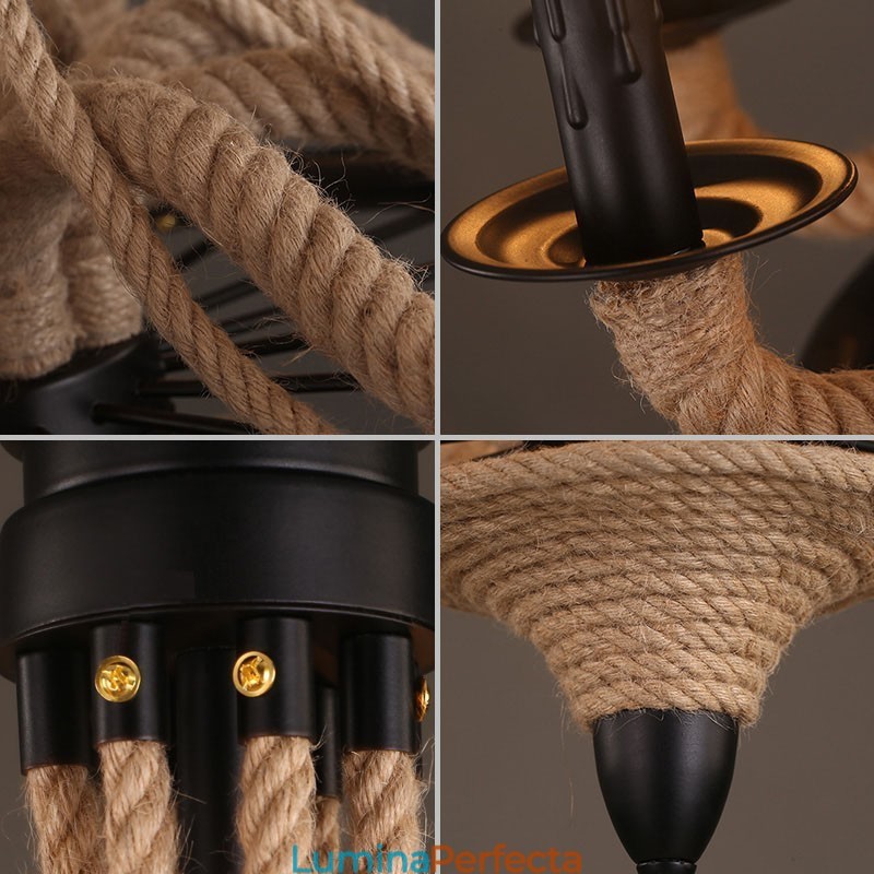 Lumânare cu 8 lumini în stil industrial, frânghie de cânepă, candelabru