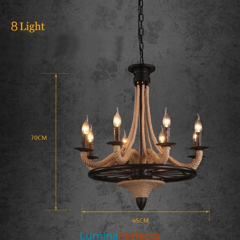 Lumânare cu 8 lumini în stil industrial, frânghie de cânepă, candelabru