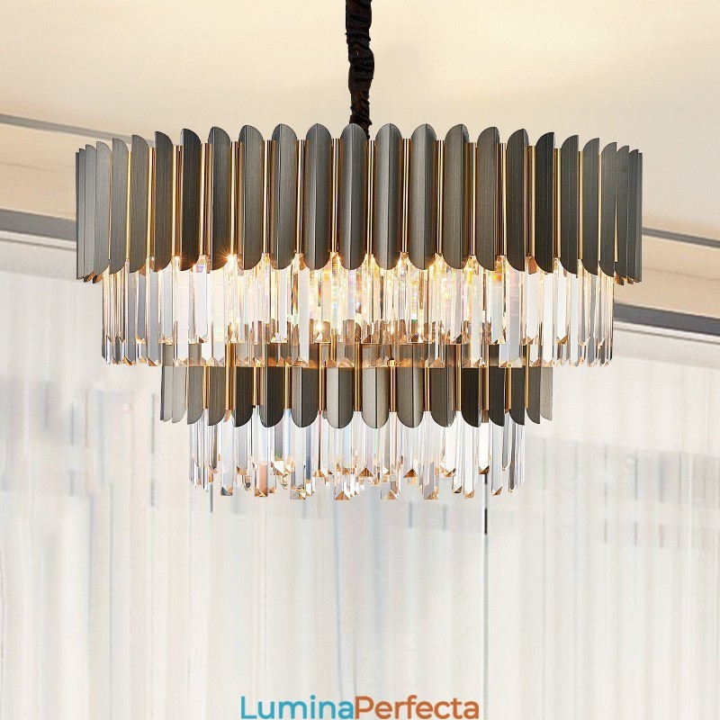 Candelabru cu pandantiv din cristal K9 de lux postmodern, rotund, negru și auriu
