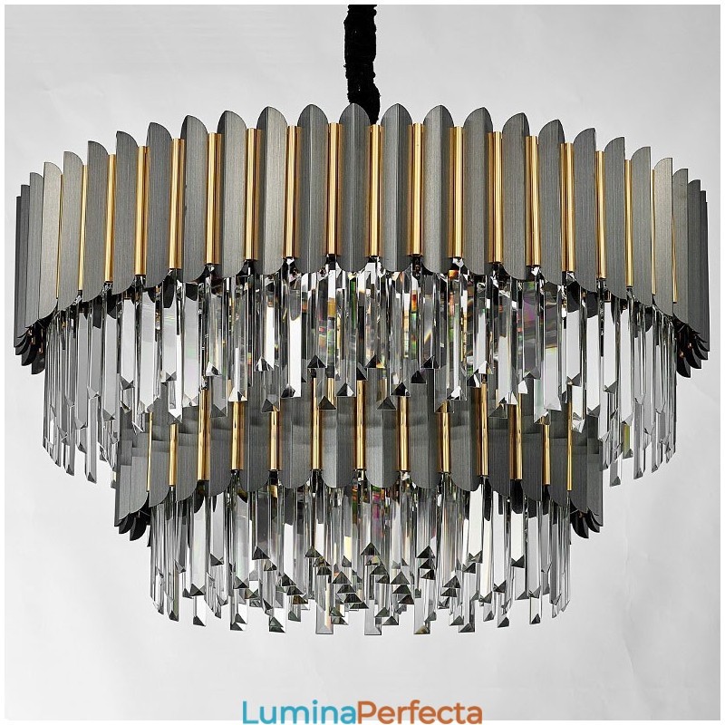 Candelabru cu pandantiv din cristal K9 de lux postmodern, rotund, negru și auriu