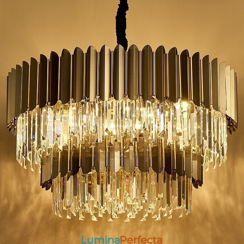 Candelabru cu pandantiv din cristal K9 de lux postmodern, rotund, negru și auriu