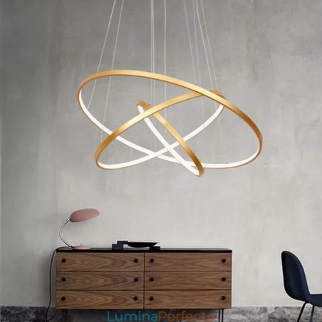 Lampă suspendată reglabilă cu telecomandă Design modern auriu cu trei inele Lampă suspendată reglabilă cu telecomandă Design modern auriu cu trei inele