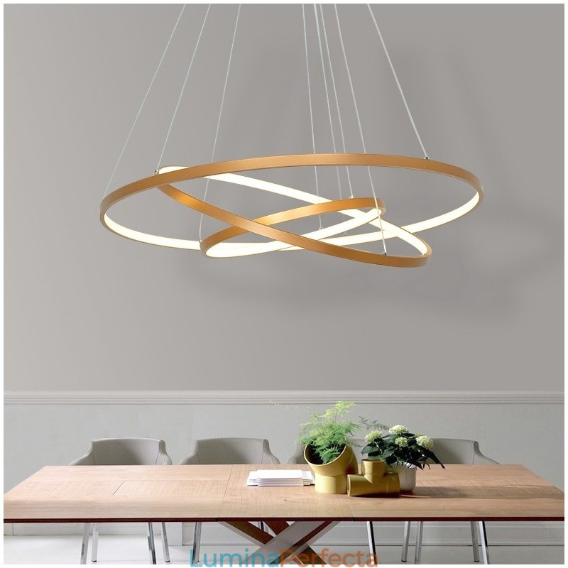 Lampă suspendată reglabilă cu telecomandă Design modern auriu cu trei inele