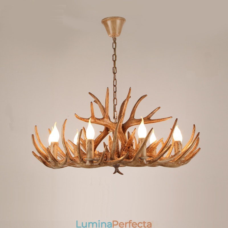 Candelabru antic cu 9 lumini pe două niveluri, rustic, artistic, retro, coarne