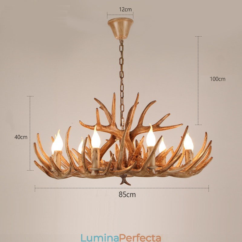 Candelabru antic cu 9 lumini pe două niveluri, rustic, artistic, retro, coarne