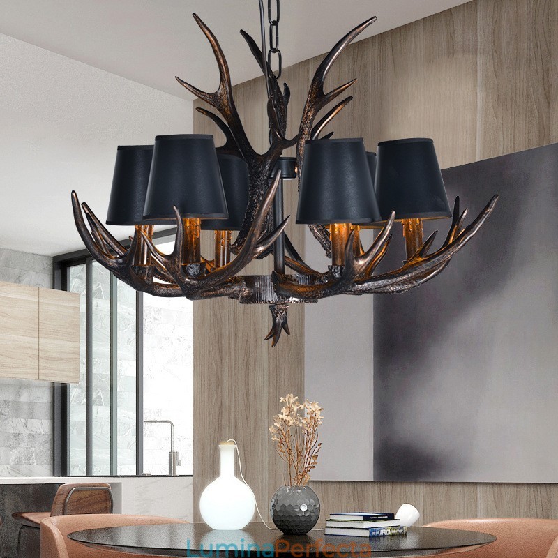 Candelabru antic Antler cu 6 lumini, negru, rustic, artistic, retro, cu nuante