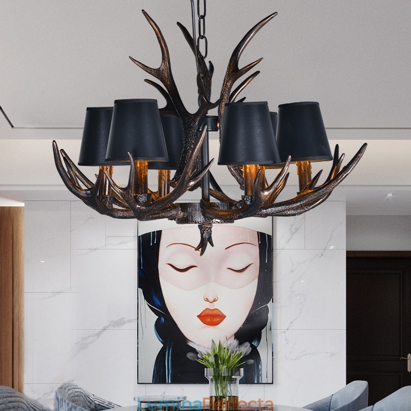 Candelabru antic Antler cu 6 lumini, negru, rustic, artistic, retro, cu nuante