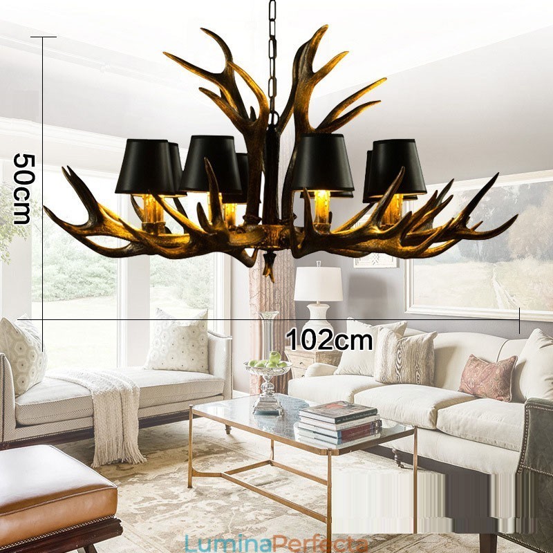 Candelabru antic Antler cu 8 lumini, negru, rustic, artistic, retro, cu nuante