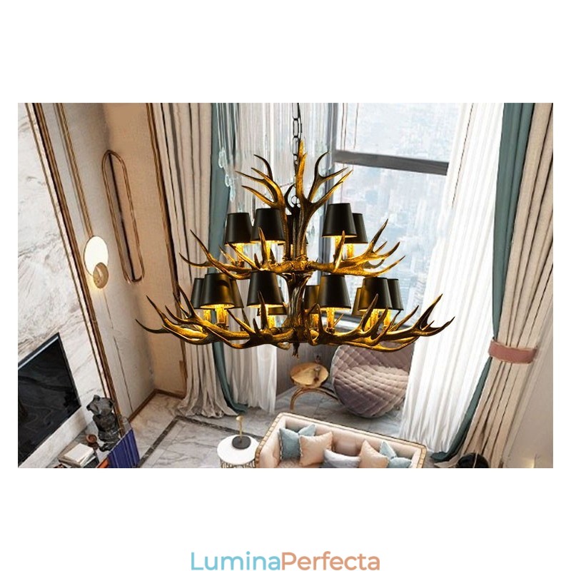 Candelabru antic Antler cu 15 negru deschis, rustic, artistic, retro, cu nuante