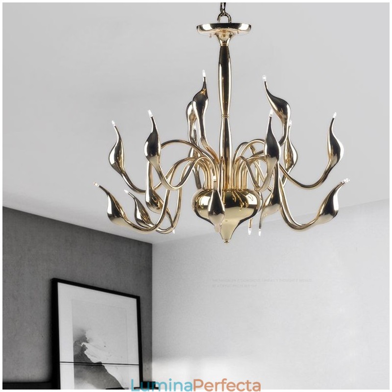Candelabru din metal galvanizat, modern, contemporan din aur cu 15 lumină