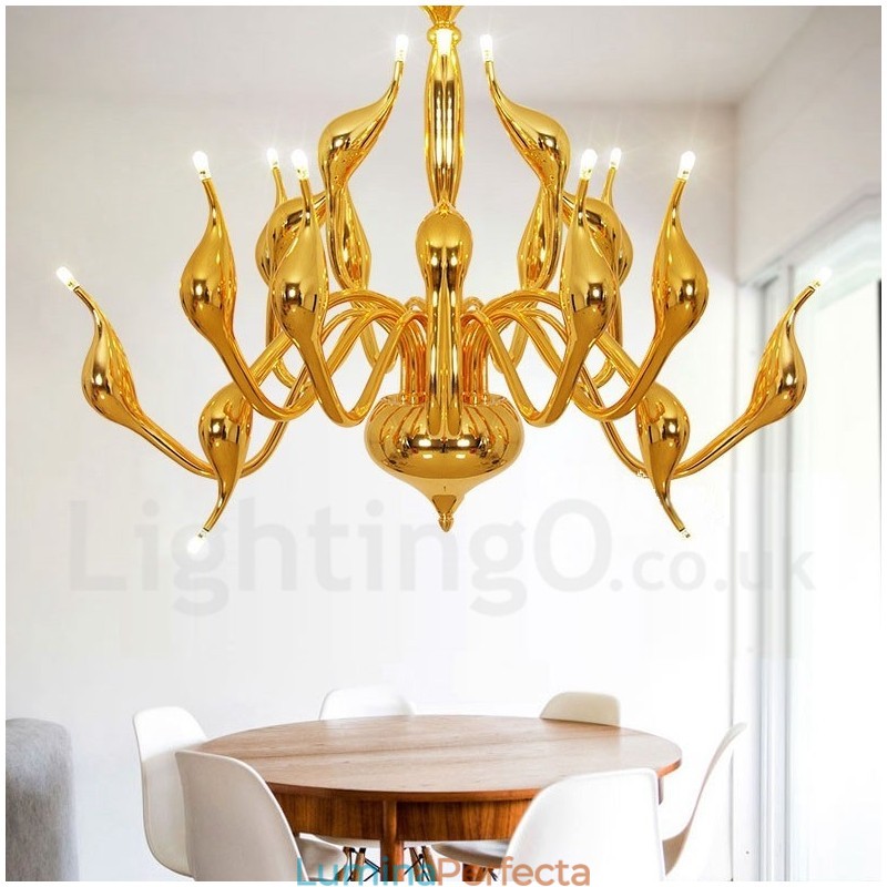 Candelabru lebădă modern cu 18 lumini din inoxidabil G4 cu finisaj auriu