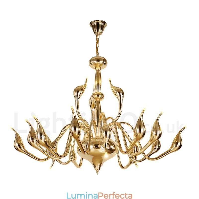 Candelabru lebădă modern cu 18 lumini din inoxidabil G4 cu finisaj auriu