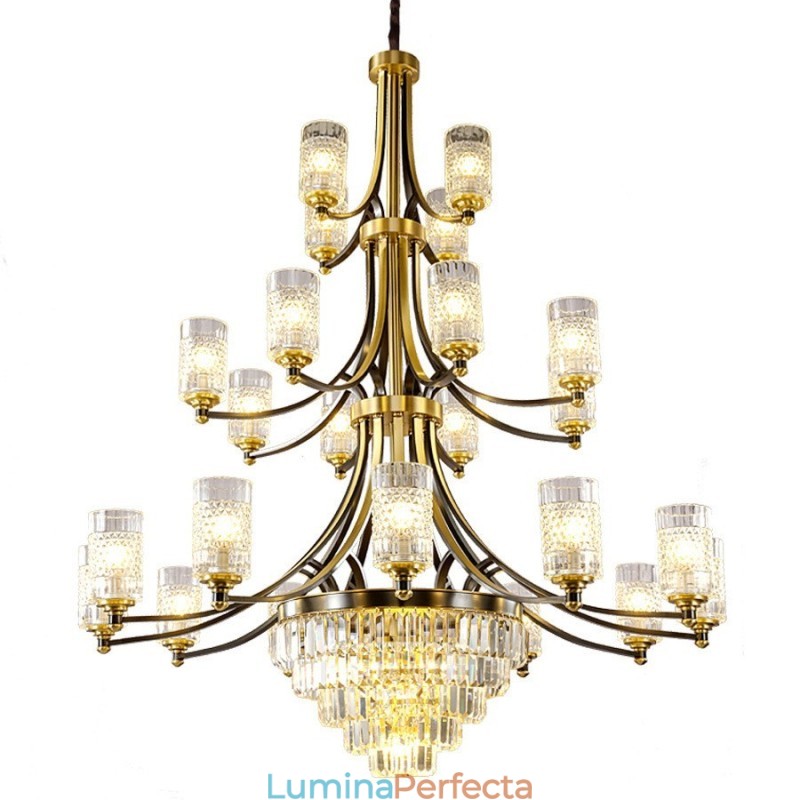 Candelabru de cristal de cupru mare de lux pentru suport cu 12+8+4 lumini