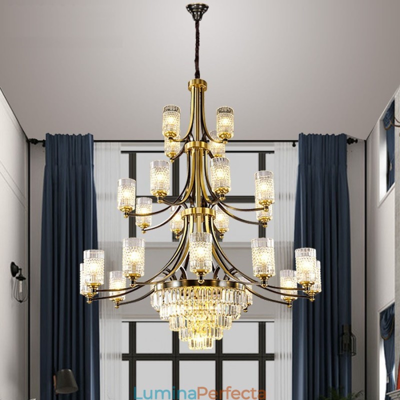 Candelabru de cristal de cupru mare de lux pentru suport cu 12+8+4 lumini