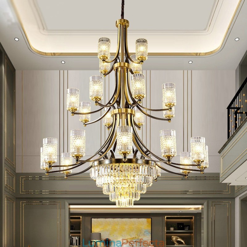 Candelabru de cristal de cupru mare de lux pentru suport cu 12+8+4 lumini