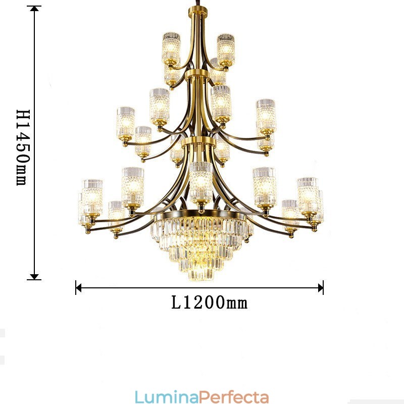 Candelabru de cristal de cupru mare de lux pentru suport cu 12+8+4 lumini