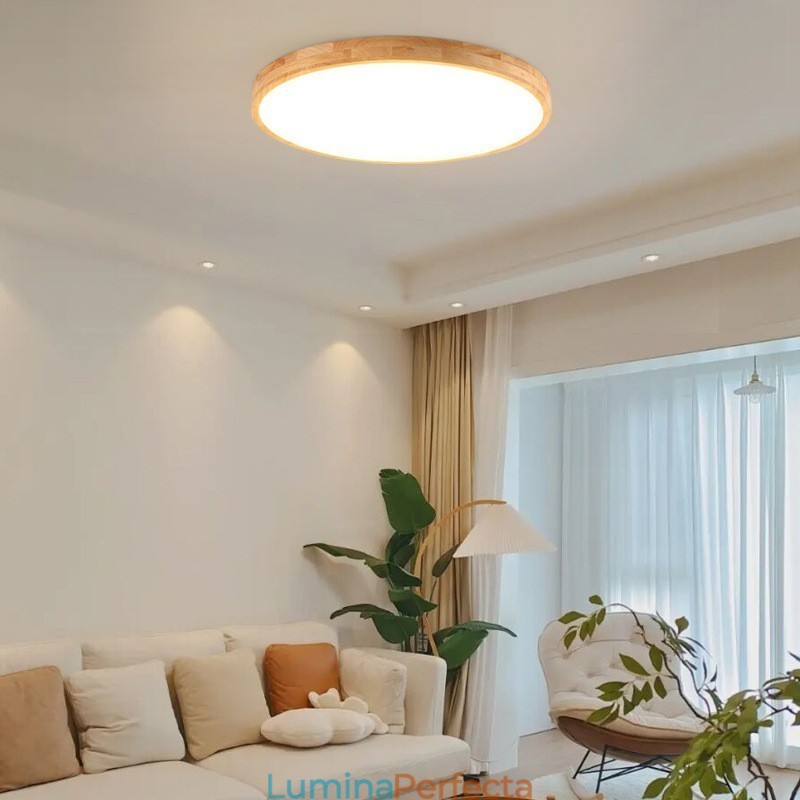 Plafoniera rotundă din lemn, modernă, pentru interior