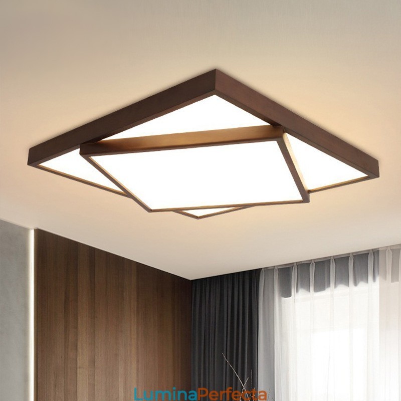 Plafoniera din lemn pătrată cu două niveluri, din lemn de nuc negru, modern, contemporan, stil nordic, plafoniera din lemn poate fi folosită și ca lampă de perete