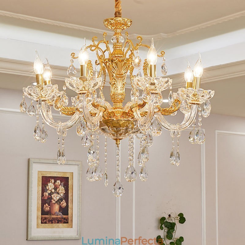 Candelabru de lux cu 6 lumini, 8 lumini, de cristal, culoare auriu