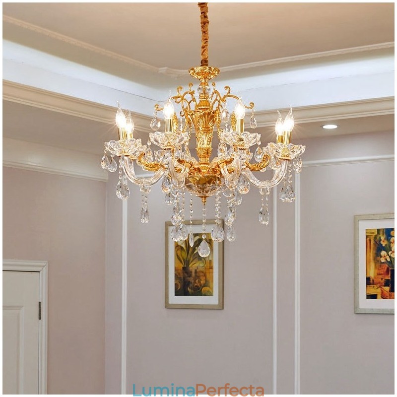 Candelabru de lux cu 6 lumini, 8 lumini, de cristal, culoare auriu