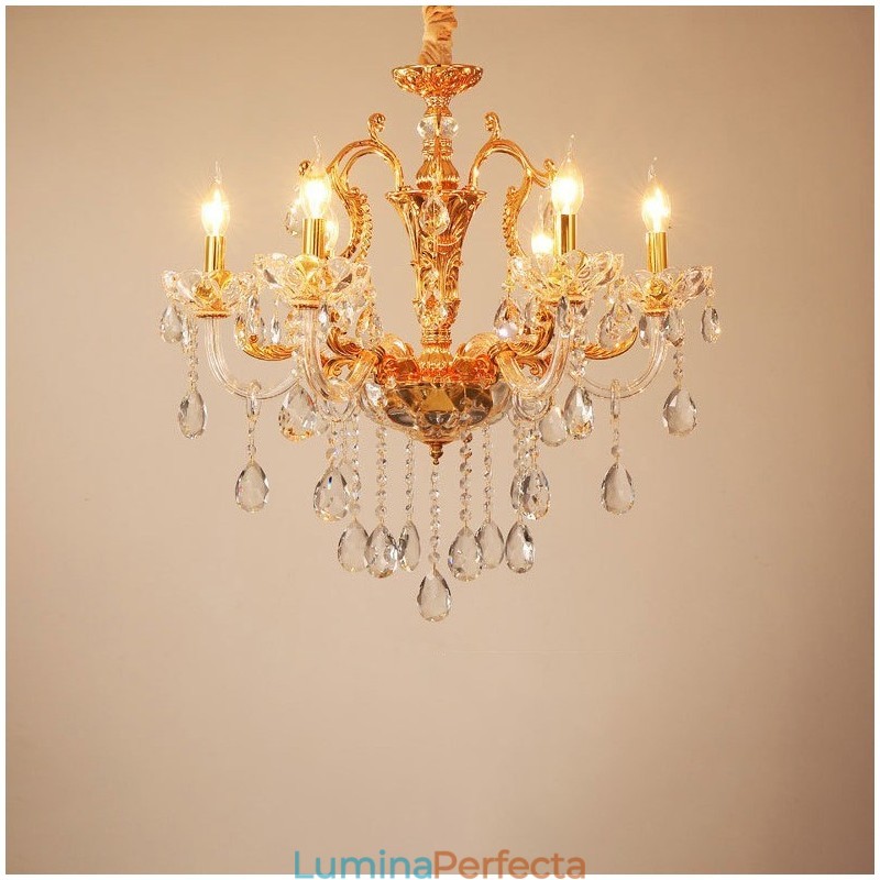Candelabru de lux cu 6 lumini, 8 lumini, de cristal, culoare auriu
