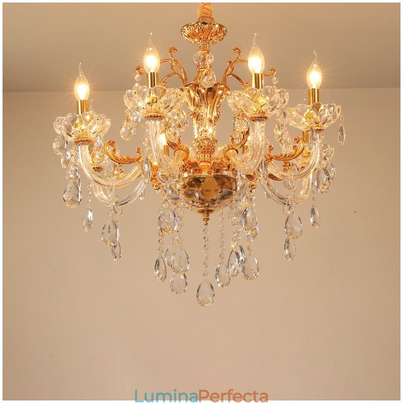 Candelabru de lux cu 6 lumini, 8 lumini, de cristal, culoare auriu