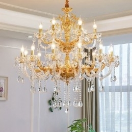 Candelabru de lux cu 18 lumini pe două niveluri de cristal auriu