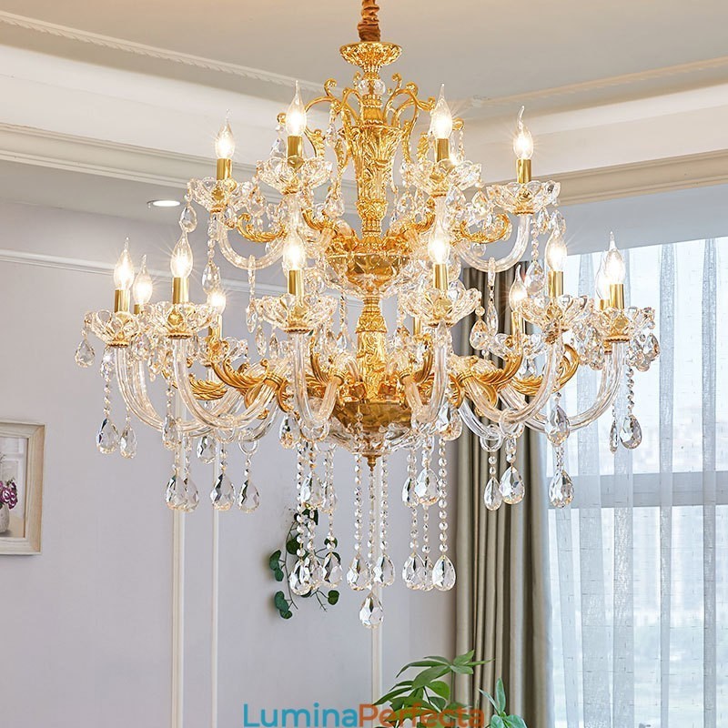 Candelabru de lux cu 18 lumini pe două niveluri de cristal auriu