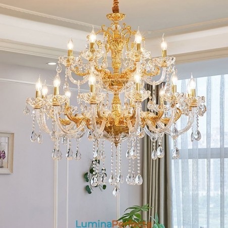 Candelabru de lux cu 18 lumini pe două niveluri de cristal auriu Candelabru de lux cu 18 lumini pe două niveluri de cristal auriu