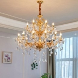 Candelabru de lux cu 18 lumini pe două niveluri de cristal auriu