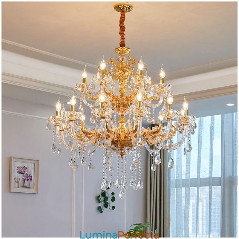 Candelabru de lux cu 18 lumini pe două niveluri de cristal auriu