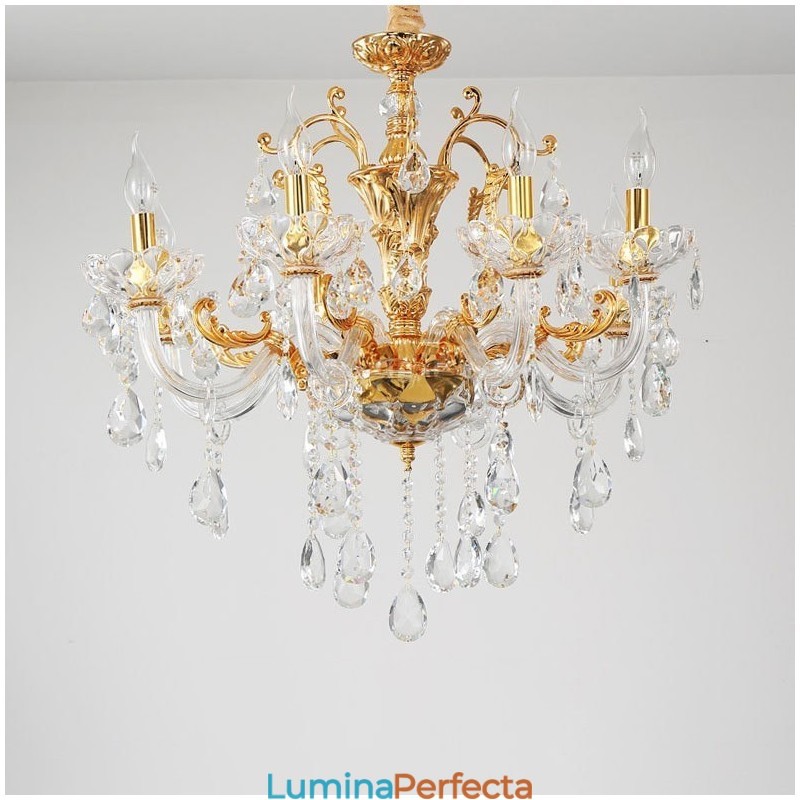 Candelabru de lux cu 18 lumini pe două niveluri de cristal auriu