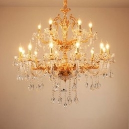 Candelabru de lux cu 18 lumini pe două niveluri de cristal auriu