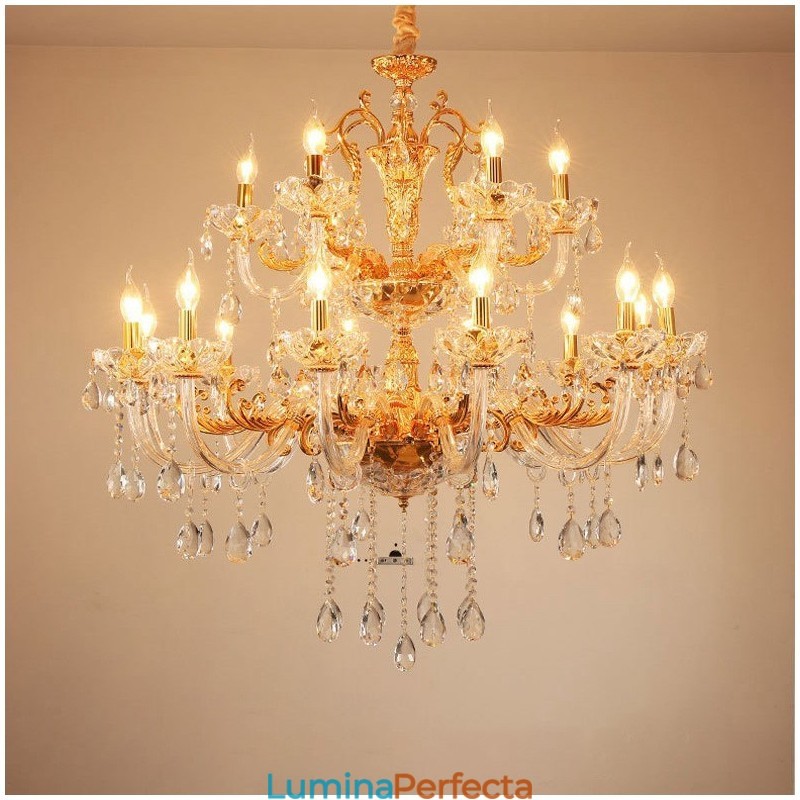 Candelabru de lux cu 18 lumini pe două niveluri de cristal auriu