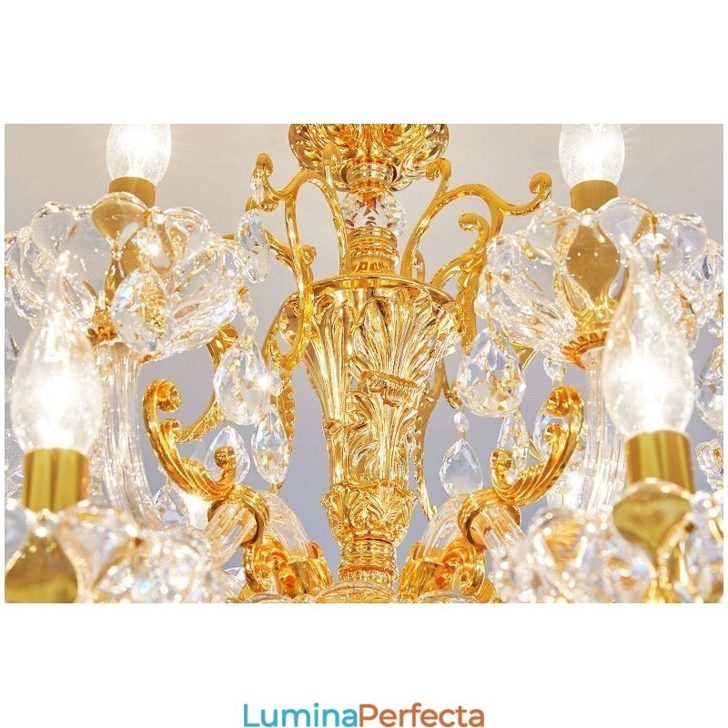 Candelabru de lux cu 18 lumini pe două niveluri de cristal auriu