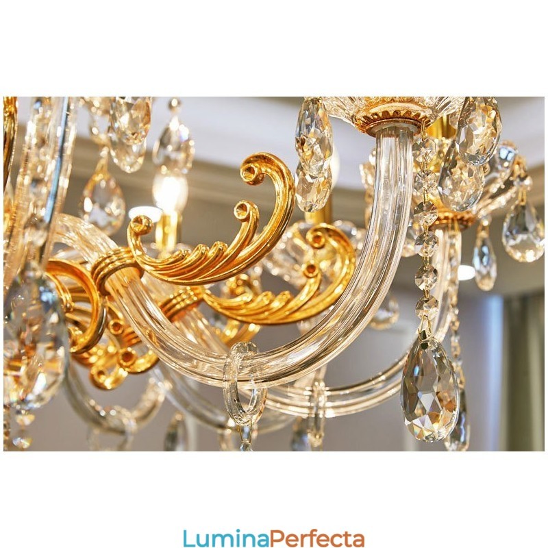 Candelabru de lux cu 18 lumini pe două niveluri de cristal auriu